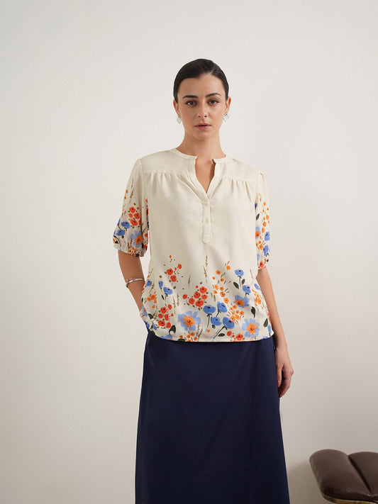 Floral Mandarin Collar Top - Off White