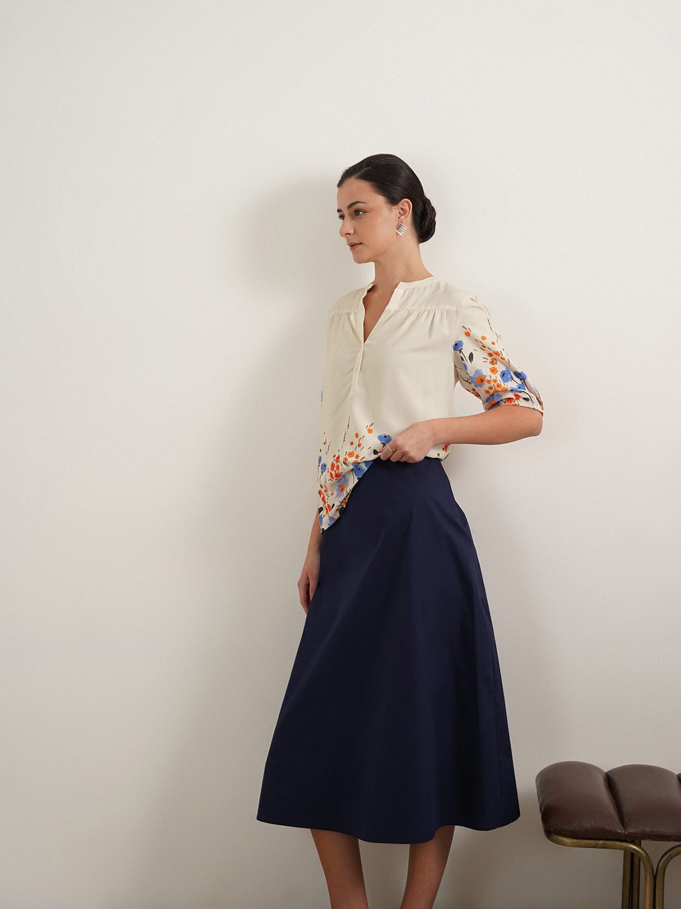 Floral Mandarin Collar Top - Off White