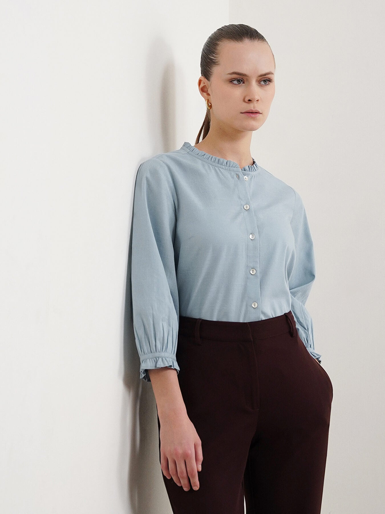 Pure Cotton Shirt Style Top - Blue