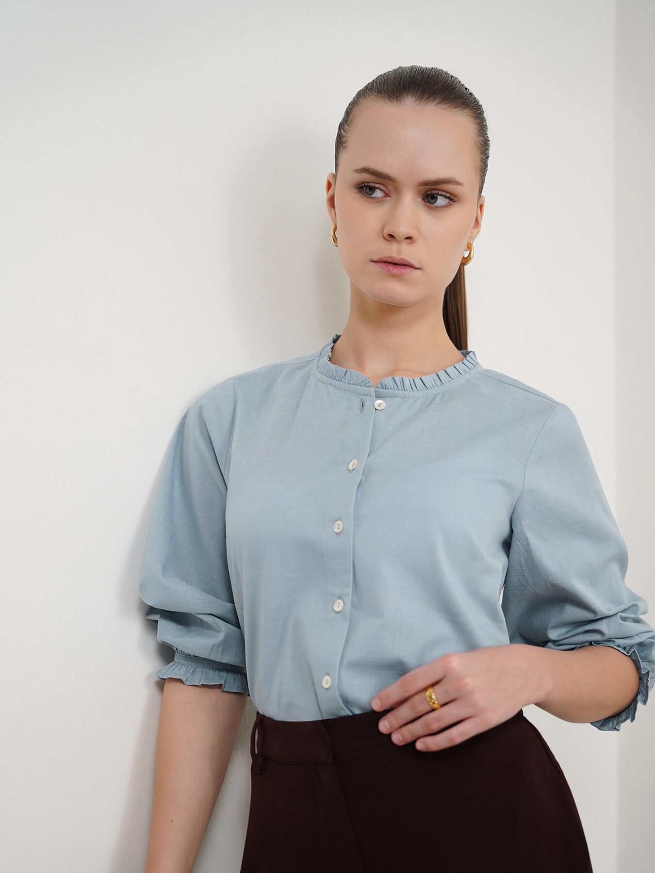 Pure Cotton Shirt Style Top - Blue