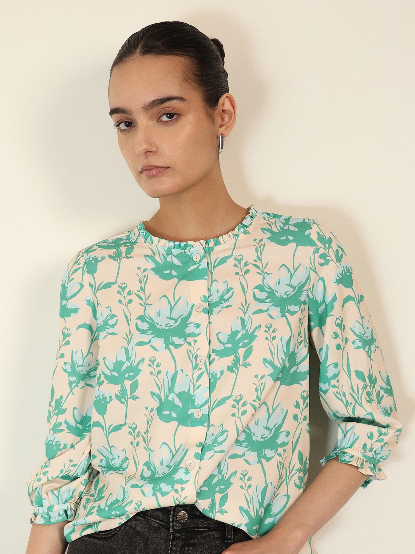 Floral Shirt Style Top - Cream