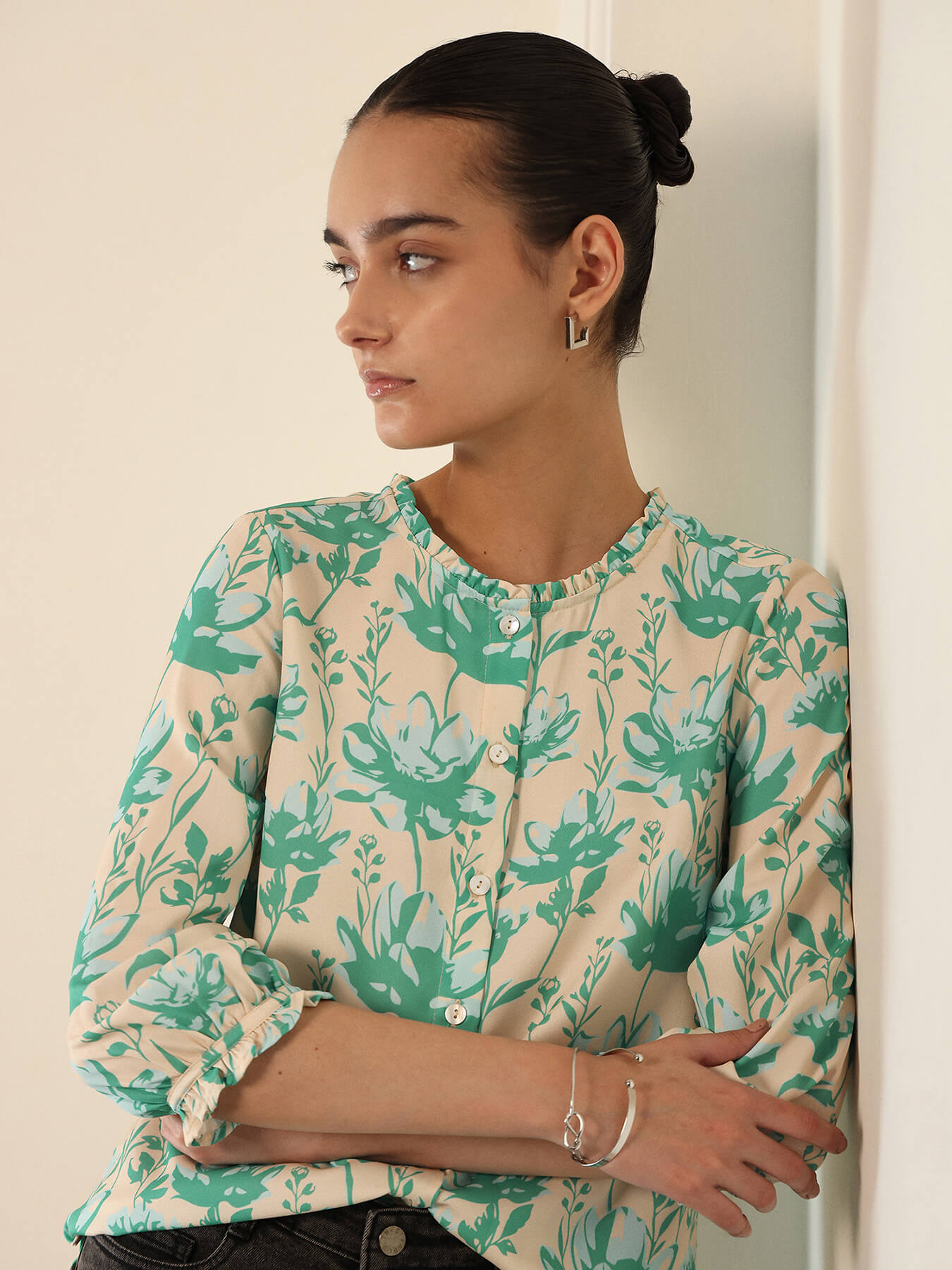Floral Shirt Style Top - Cream