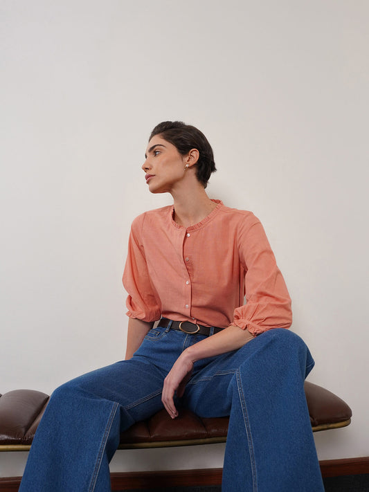 Pure Cotton Shirt Style Top - Peach