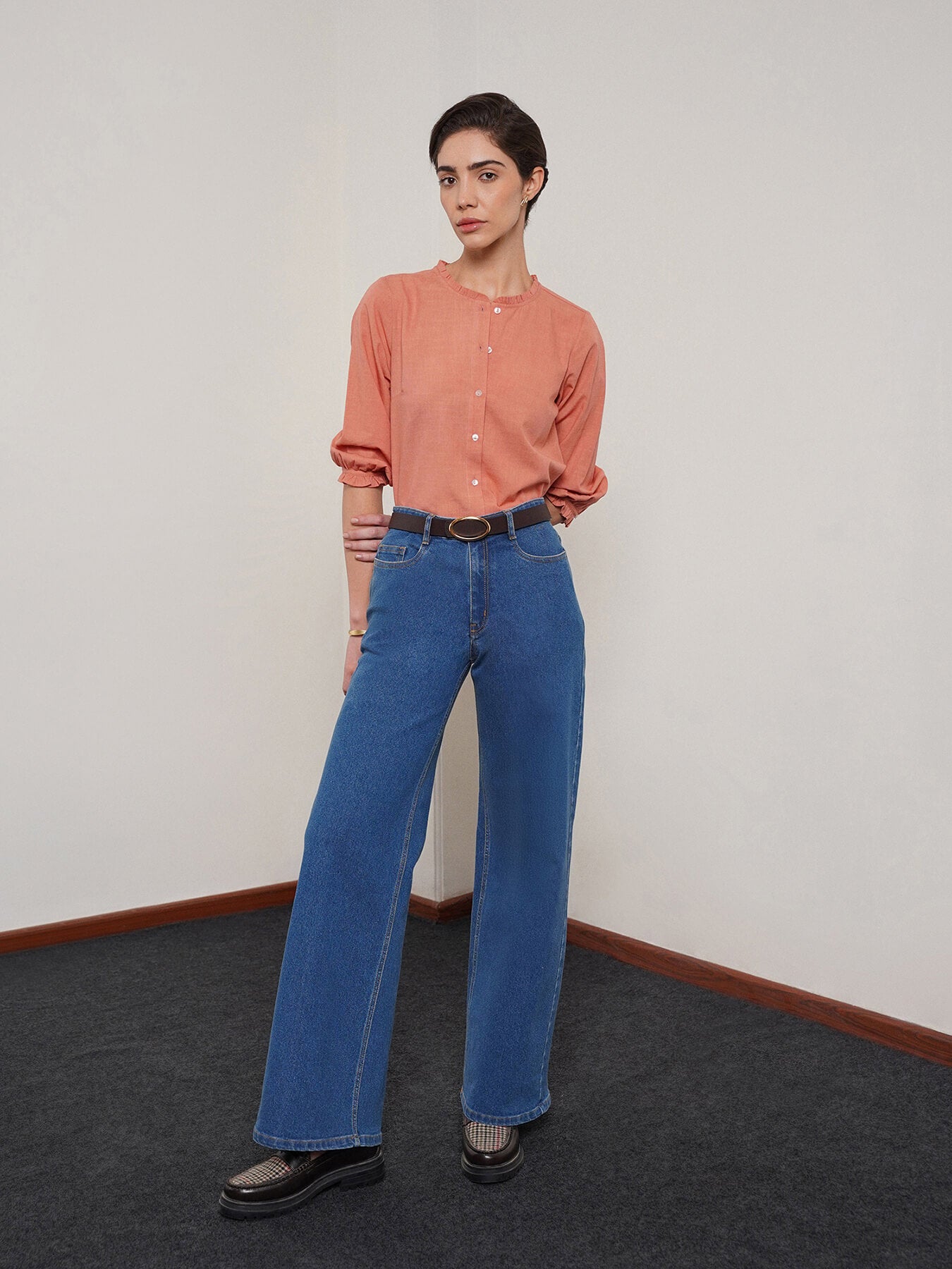 Pure Cotton Shirt Style Top - Peach