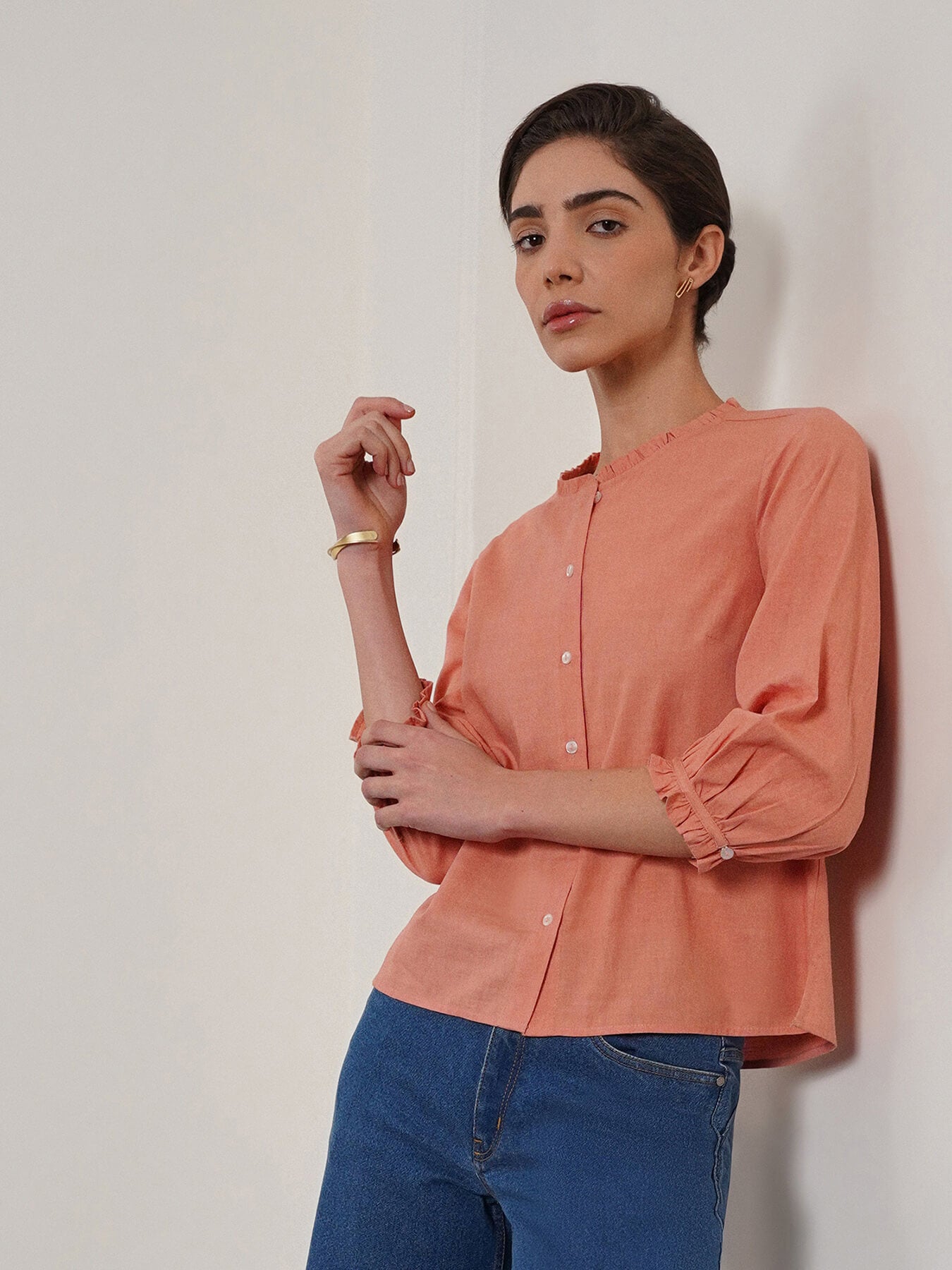 Pure Cotton Shirt Style Top - Peach