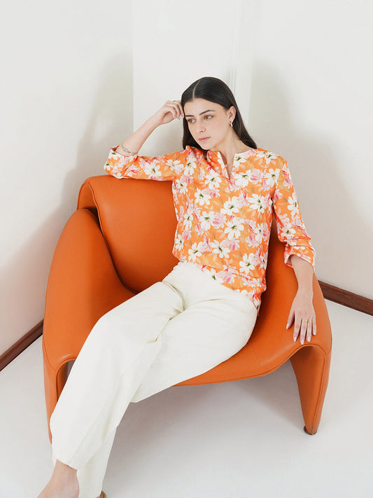Floral Mandarin collar Top - Peach