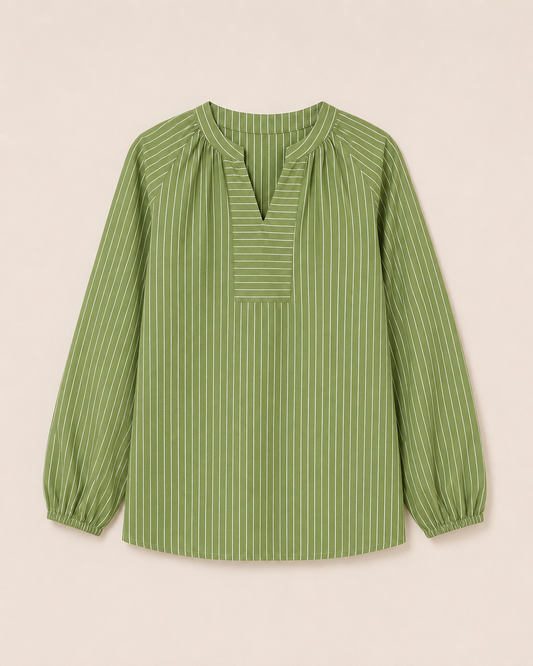 Cotton Striped V-Neck Top - Green