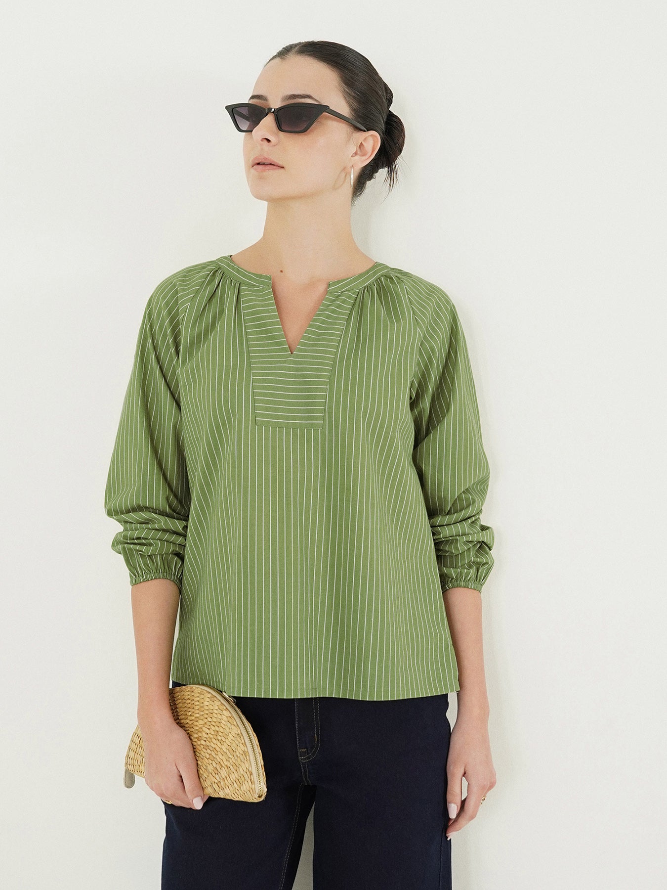 Cotton Striped V-Neck Top - Green