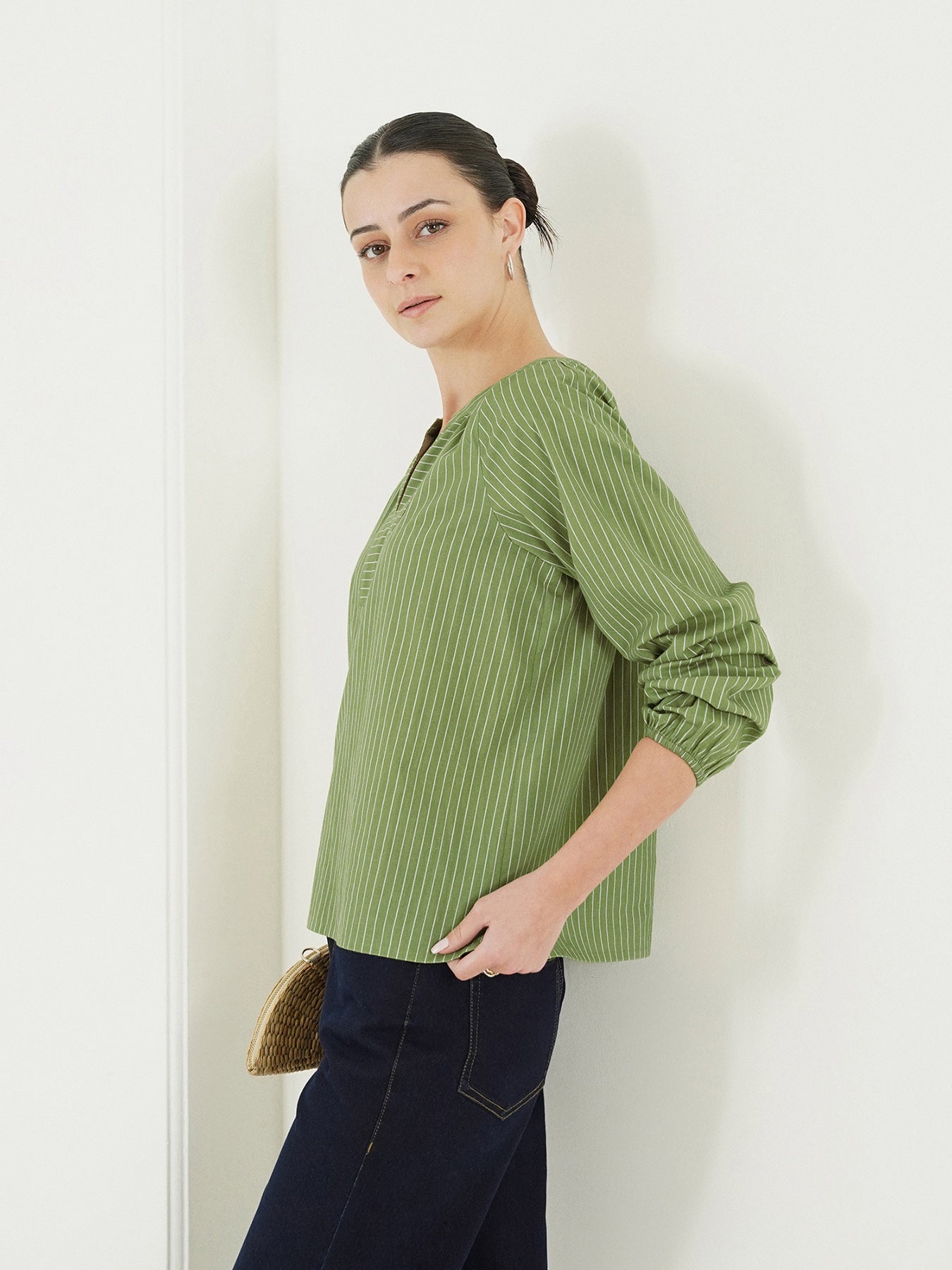 Cotton Striped V-Neck Top - Green