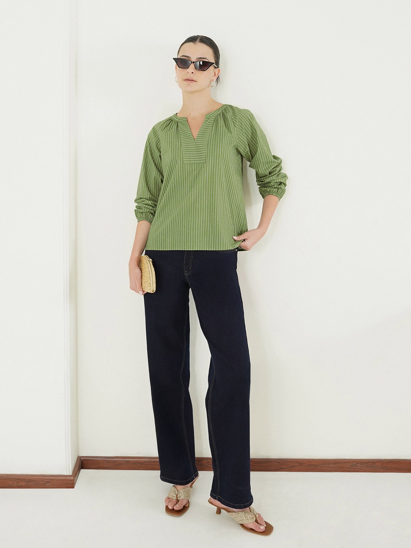 Cotton Striped V-Neck Top - Green