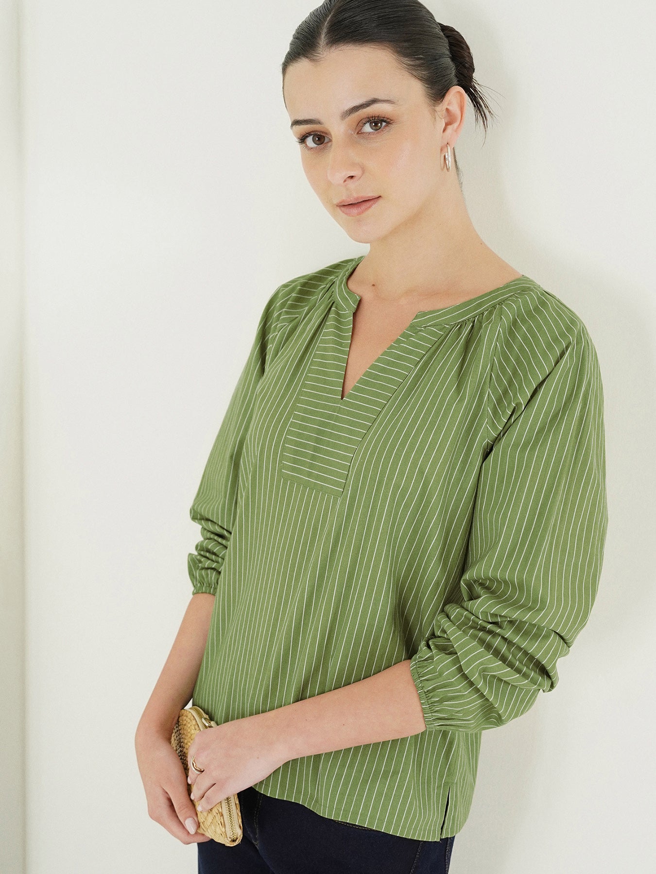 Cotton Striped V-Neck Top - Green