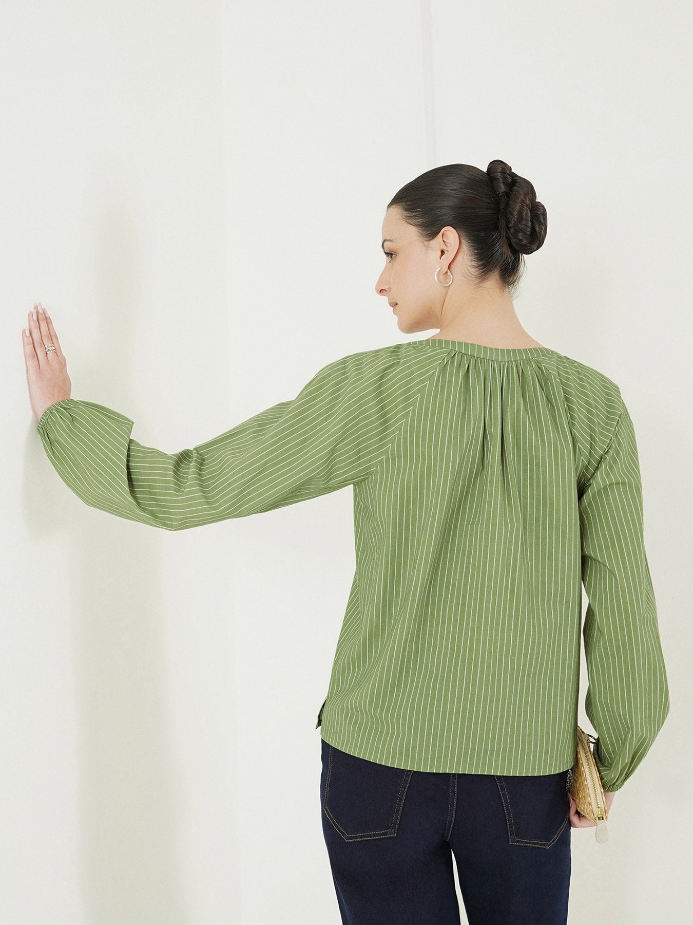 Cotton Striped V-Neck Top - Green