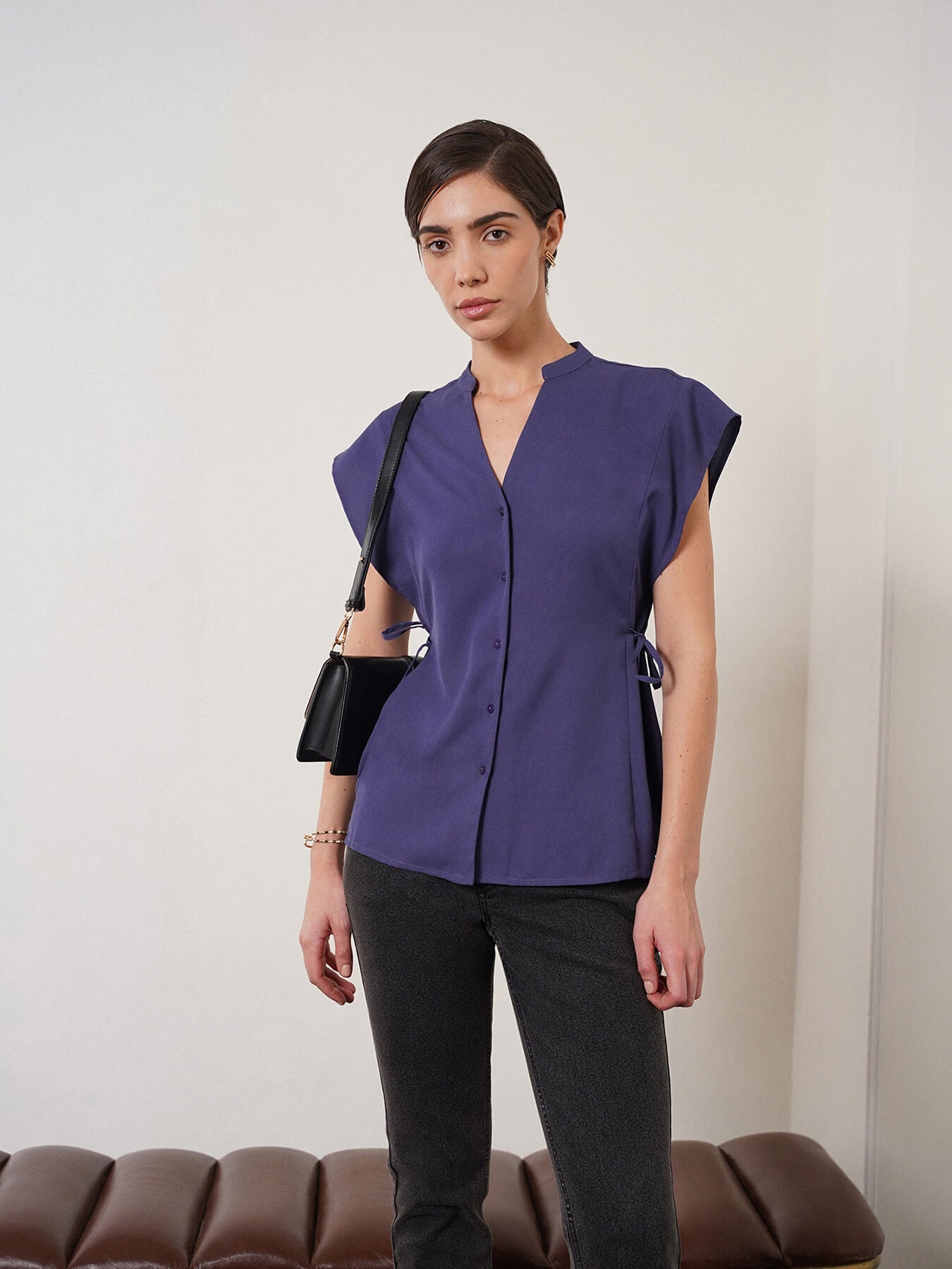 V-Neck Button Down Top - Blue