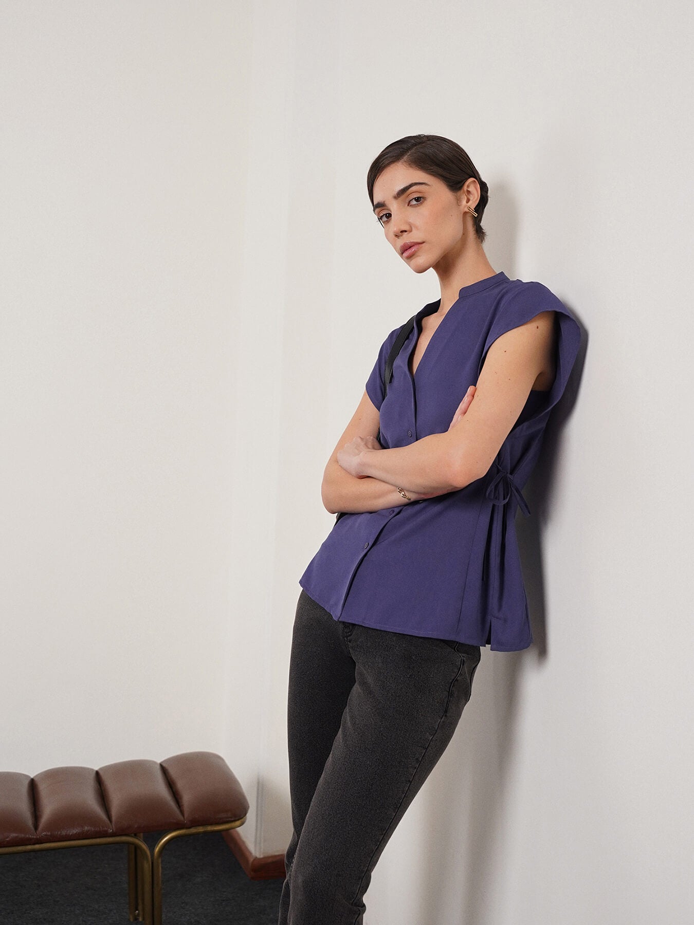 V-Neck Button Down Top - Blue