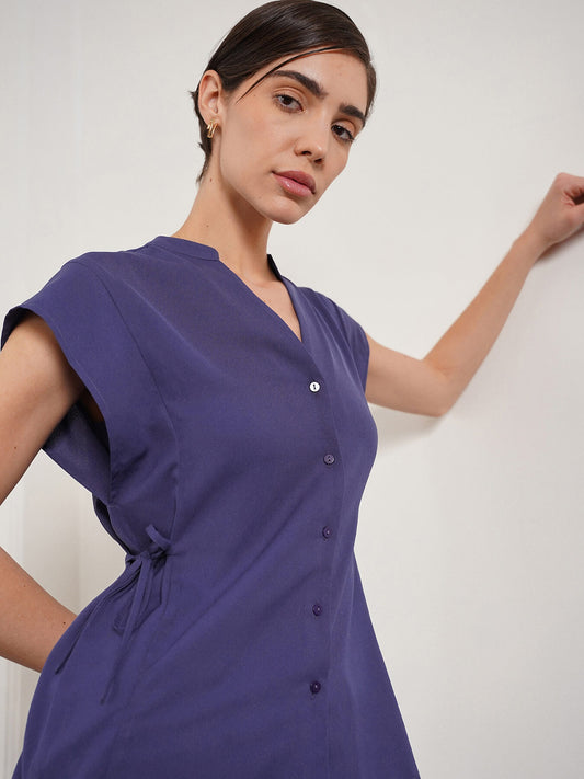 V-Neck Button Down Top - Blue