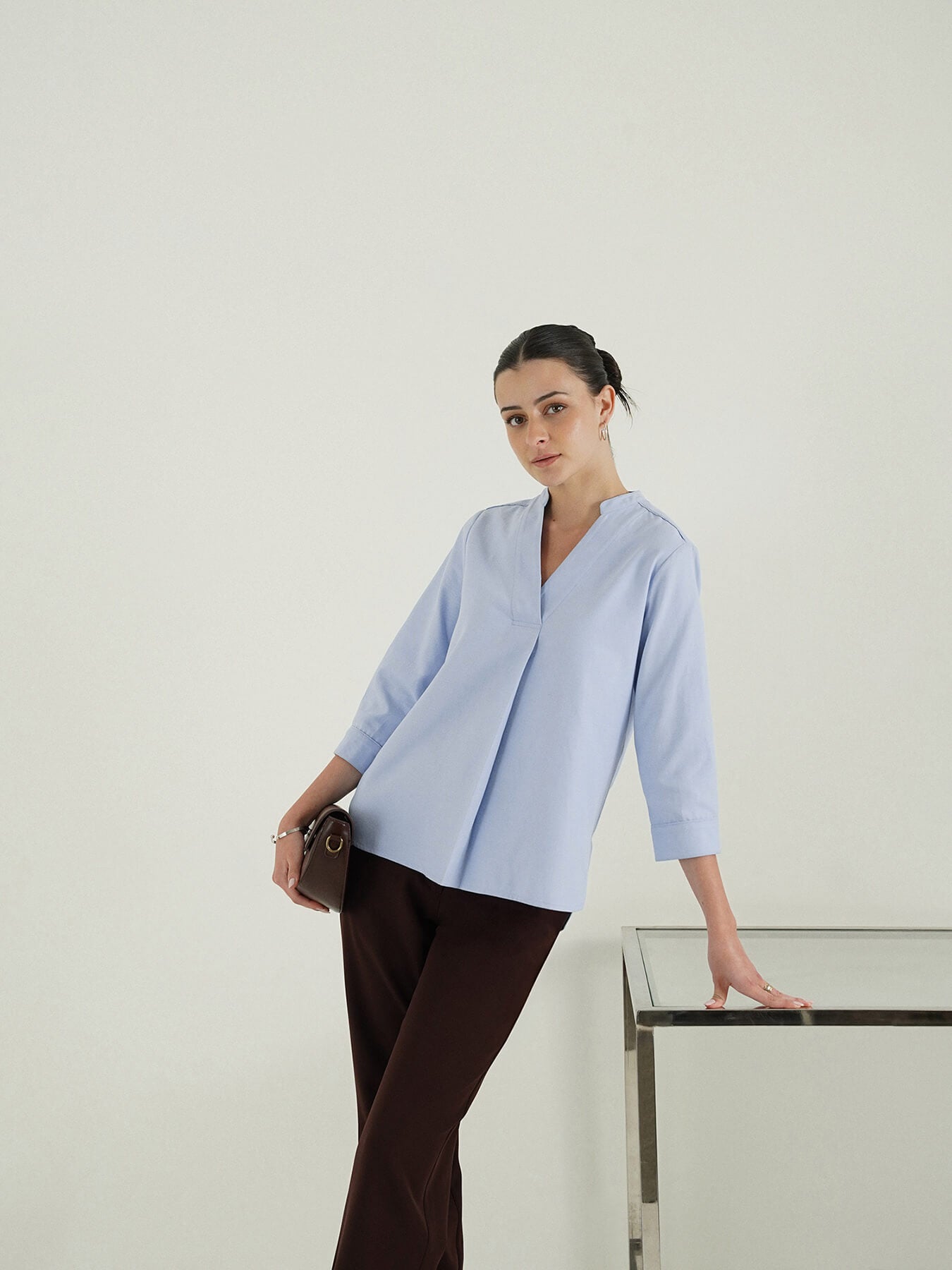 Pure Cotton Pleated Top - Light Blue