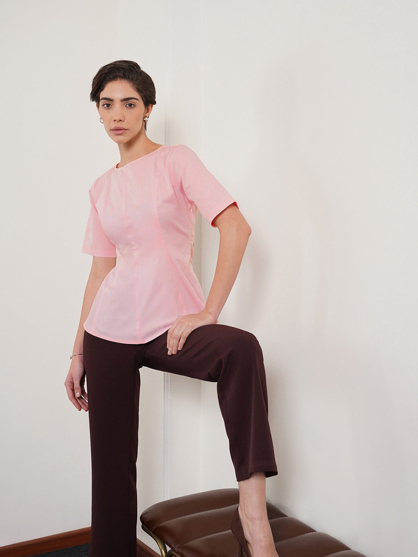 Cotton Stretch Peplum Top - Pink
