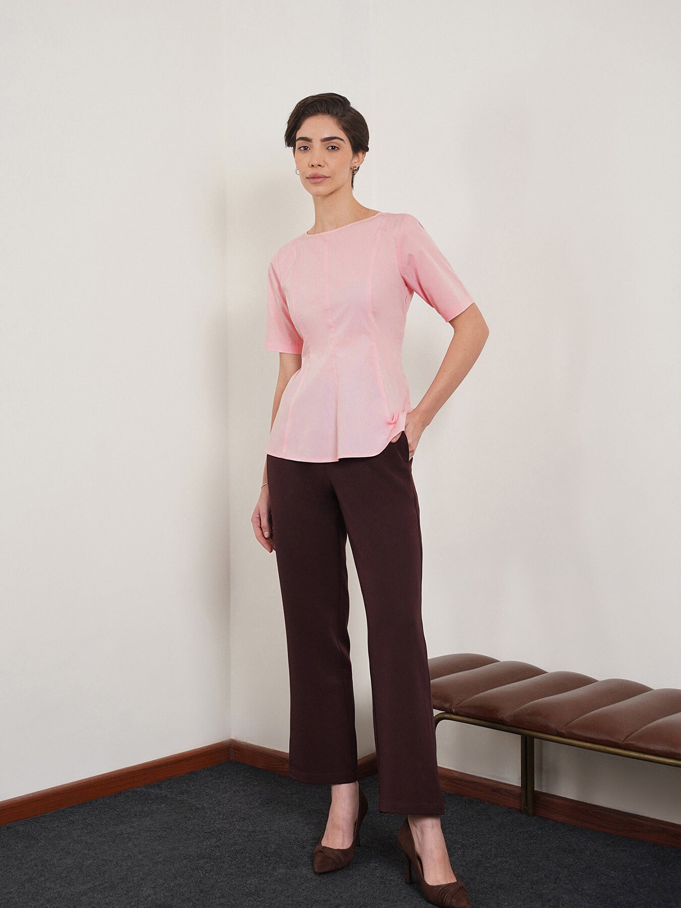 Cotton Stretch Peplum Top - Pink