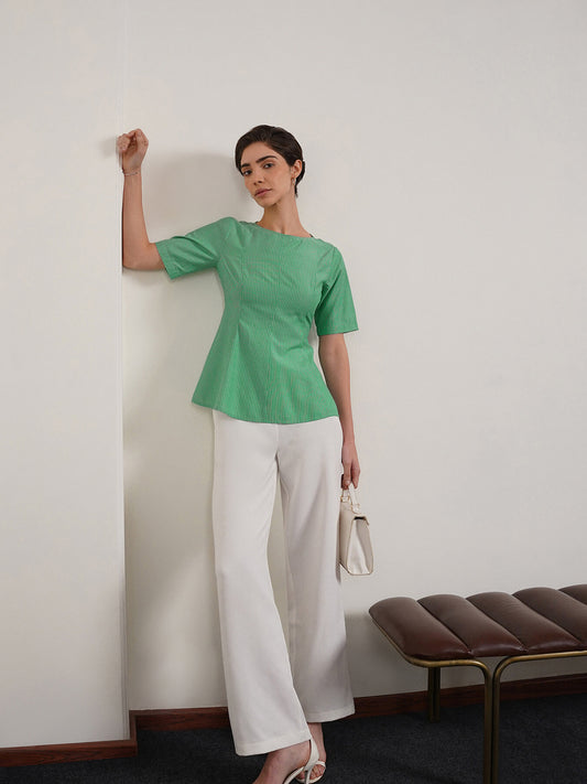 Cotton Striped Peplum Top - Green