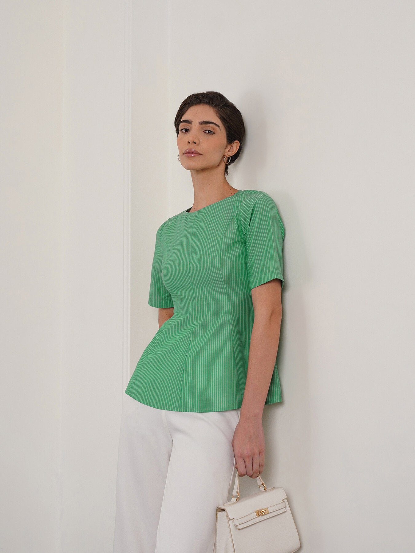 Cotton Striped Peplum Top - Green