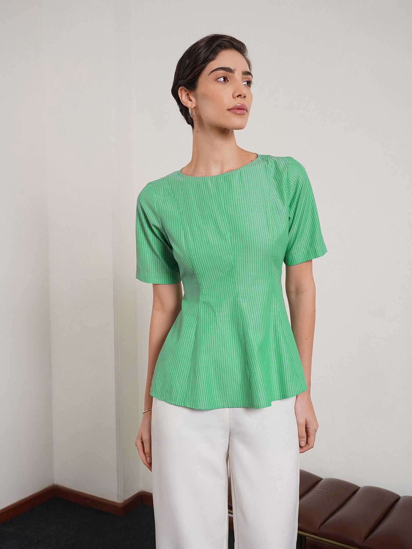 Cotton Striped Peplum Top - Green