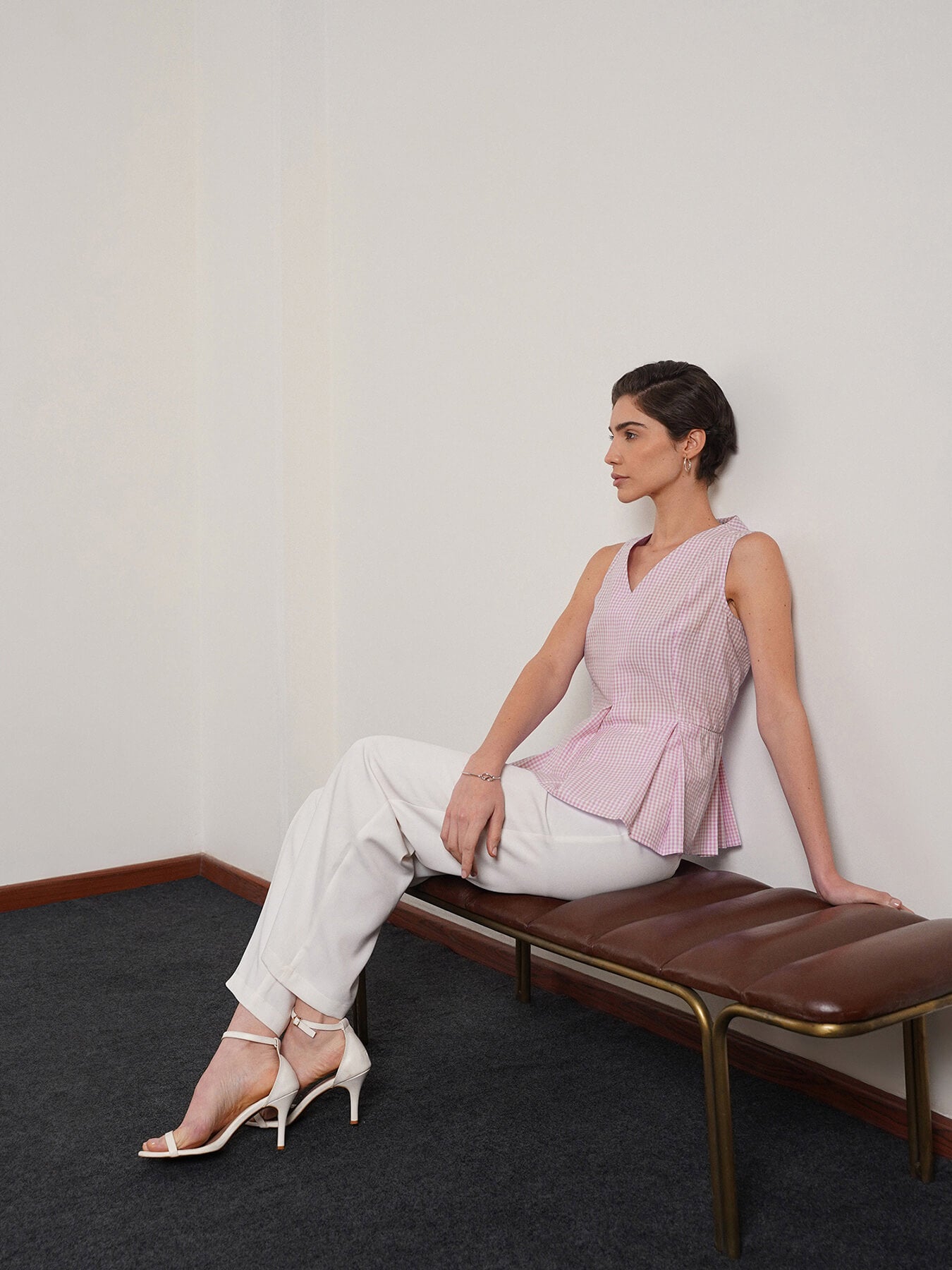 Pure Cotton Checkered Peplum Top - Lavender