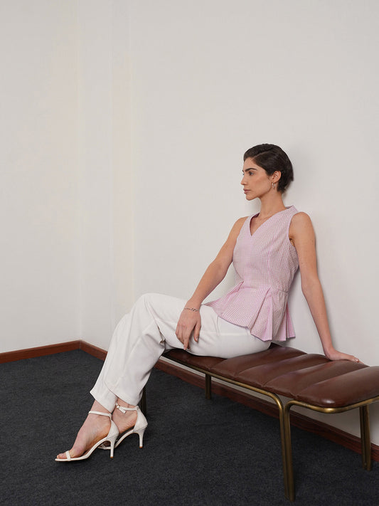 Pure Cotton Checkered Peplum Top - Lavender