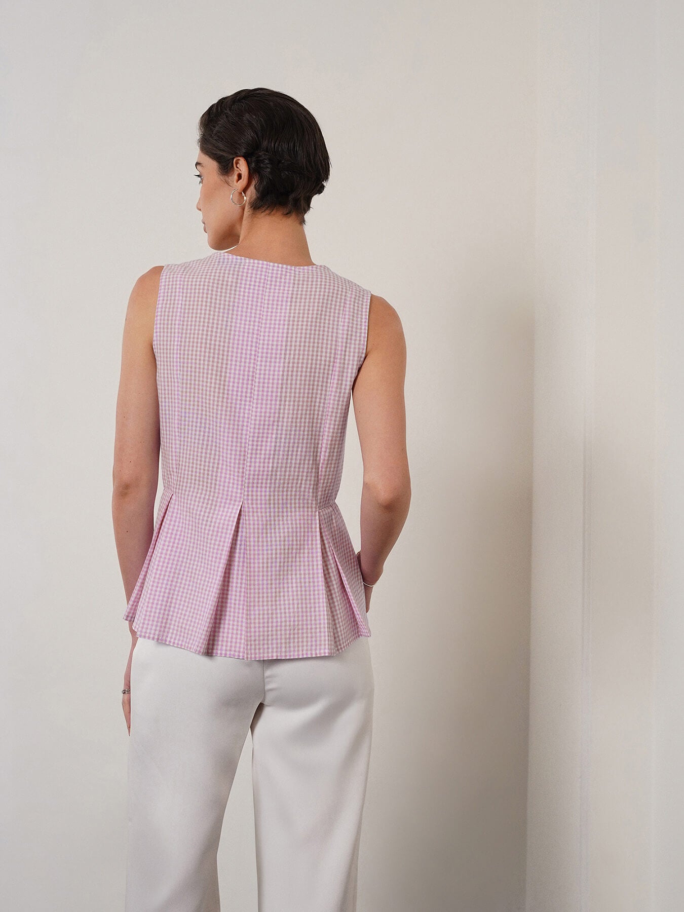 Pure Cotton Checkered Peplum Top - Lavender
