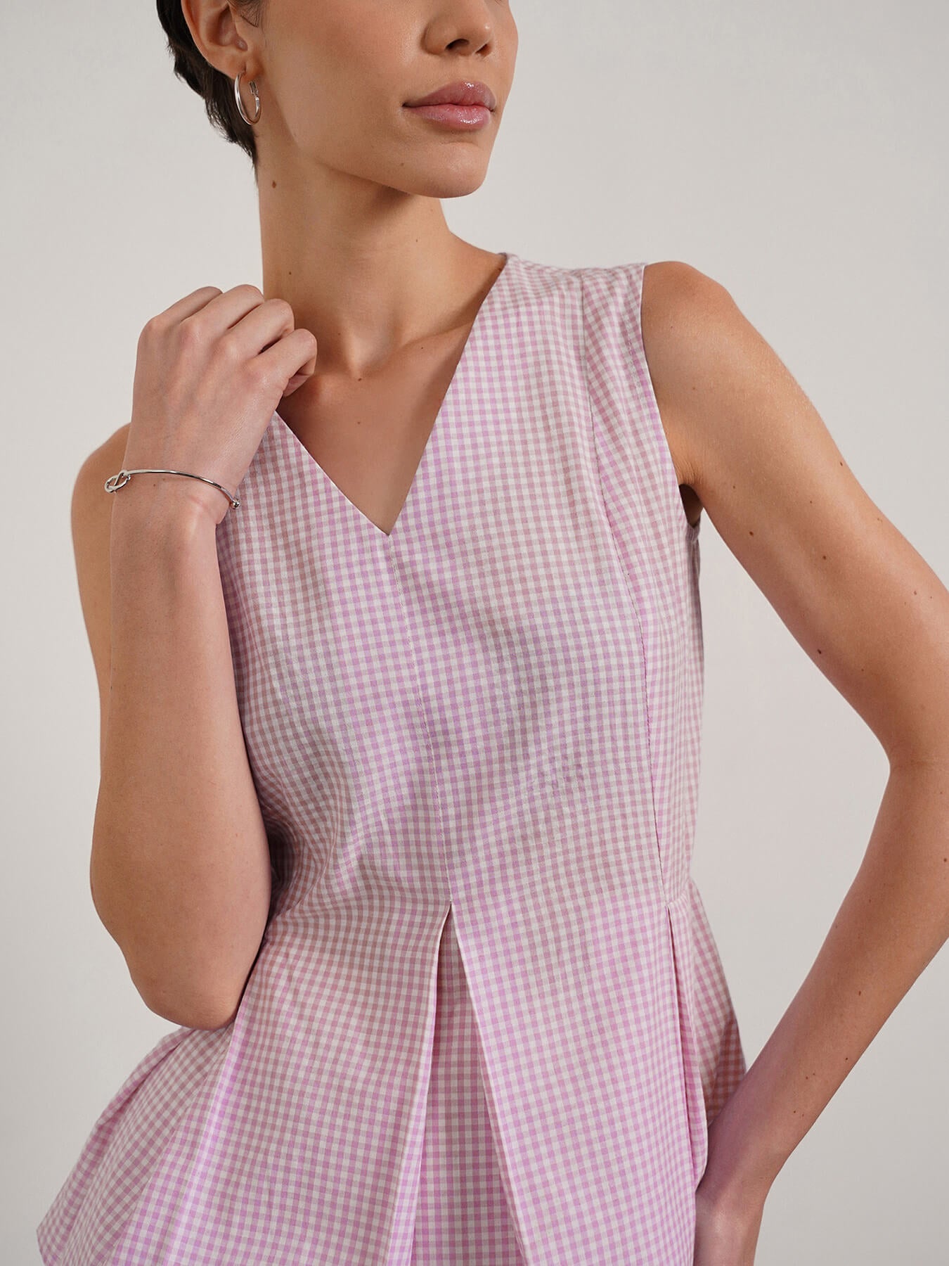 Pure Cotton Checkered Peplum Top - Lavender