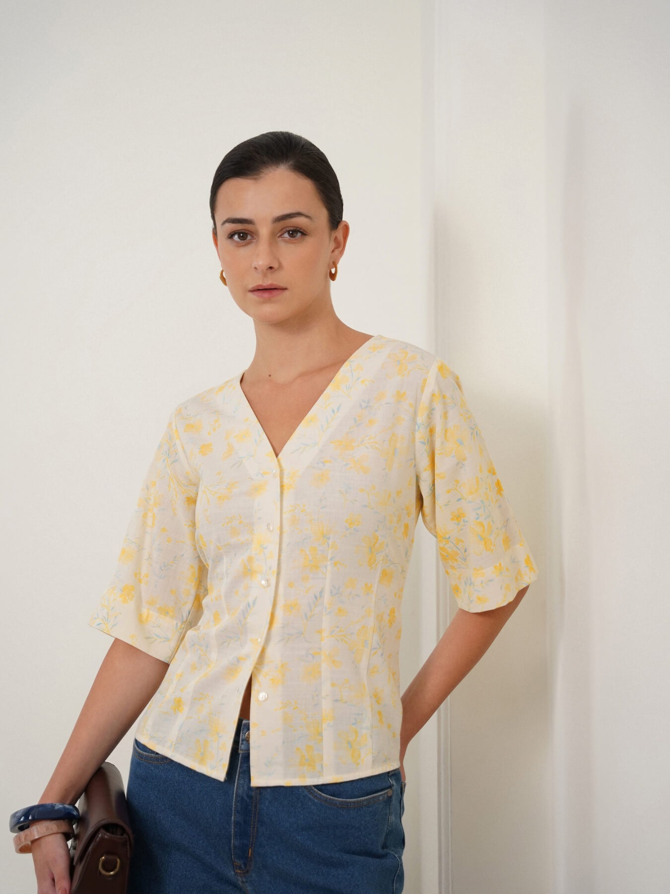 Cotton Floral V-Neck Top - Off White