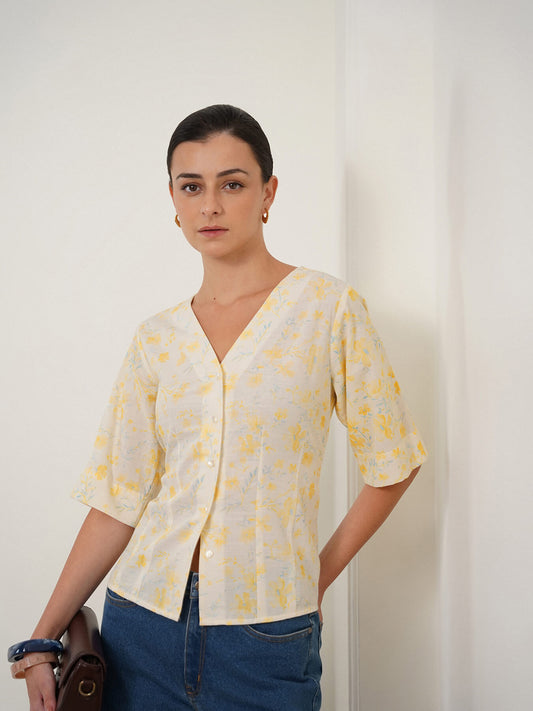 Cotton Floral V-Neck Top - Off White