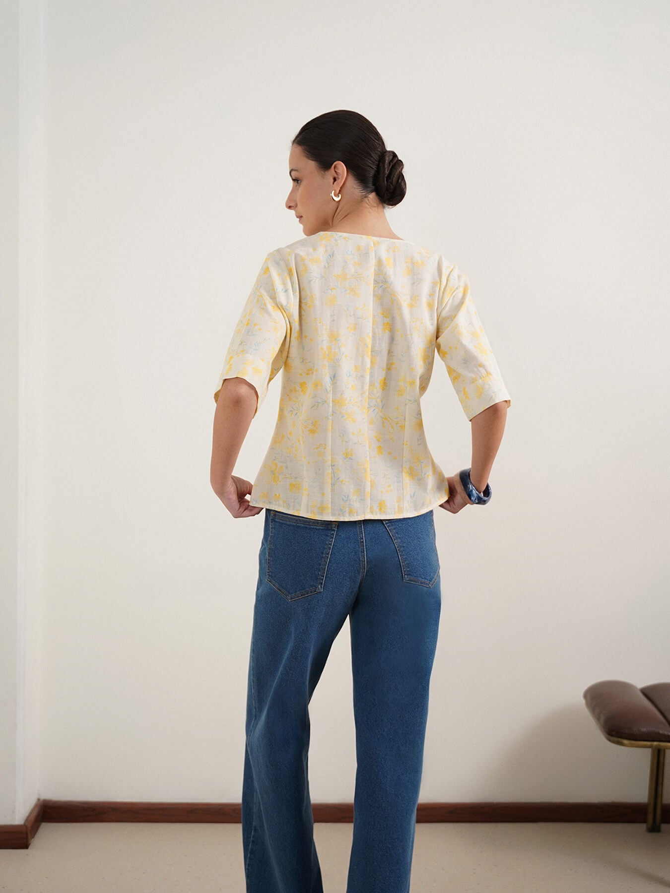 Cotton Floral V-Neck Top - Off White