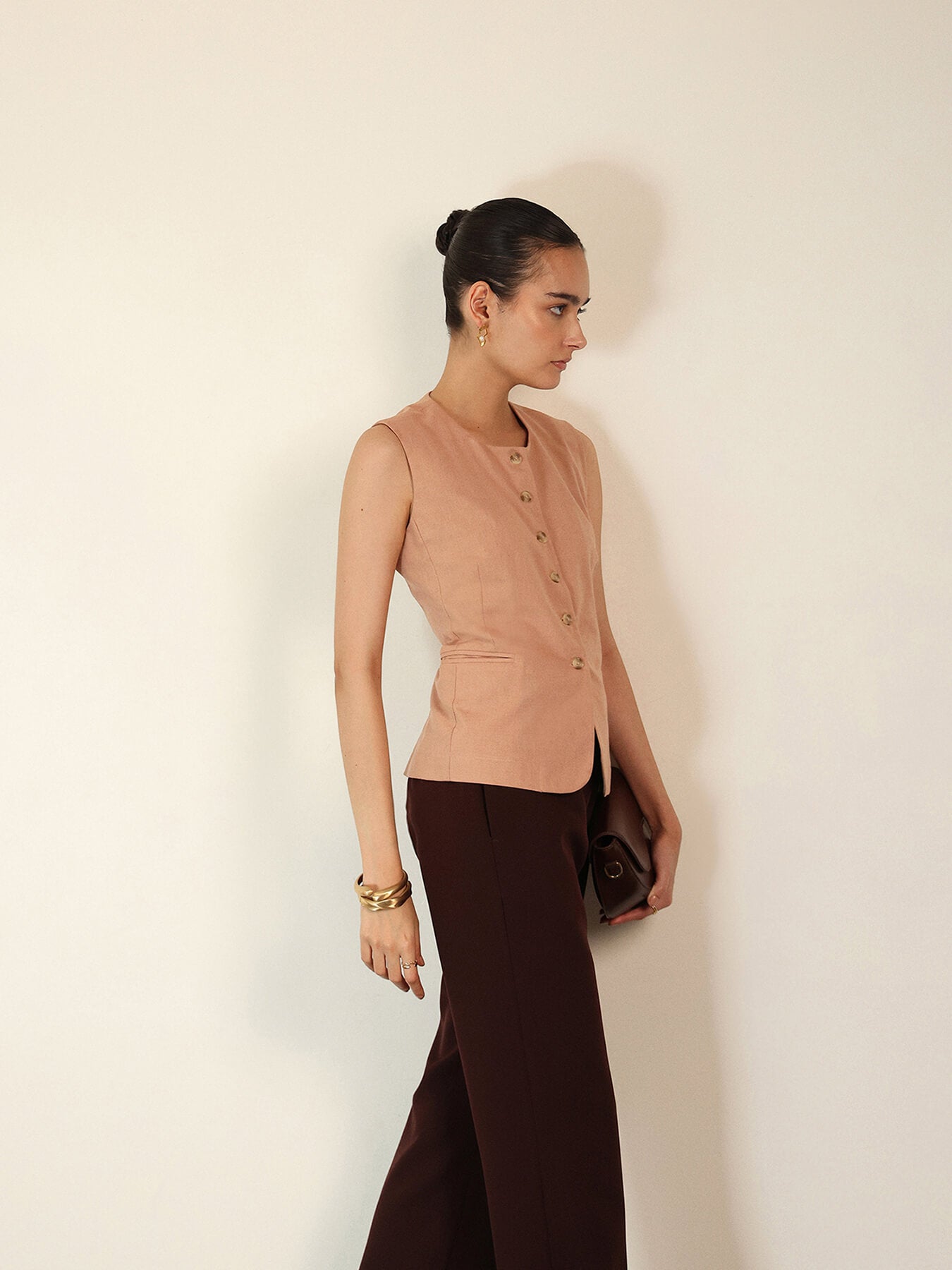 Cotton Round Neck Top - Brown