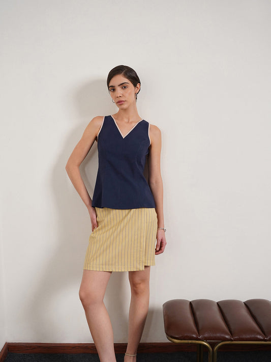 Pure Cotton Peplum Top - Navy Blue