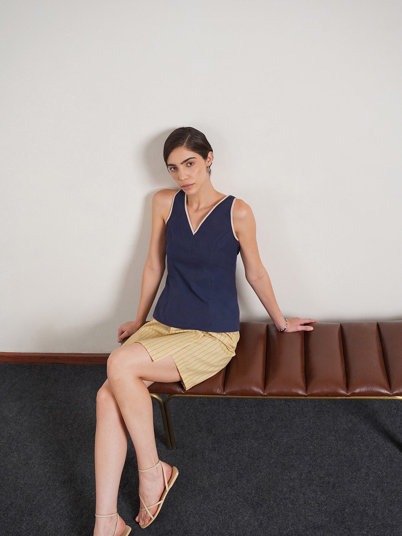 Pure Cotton Peplum Top - Navy Blue