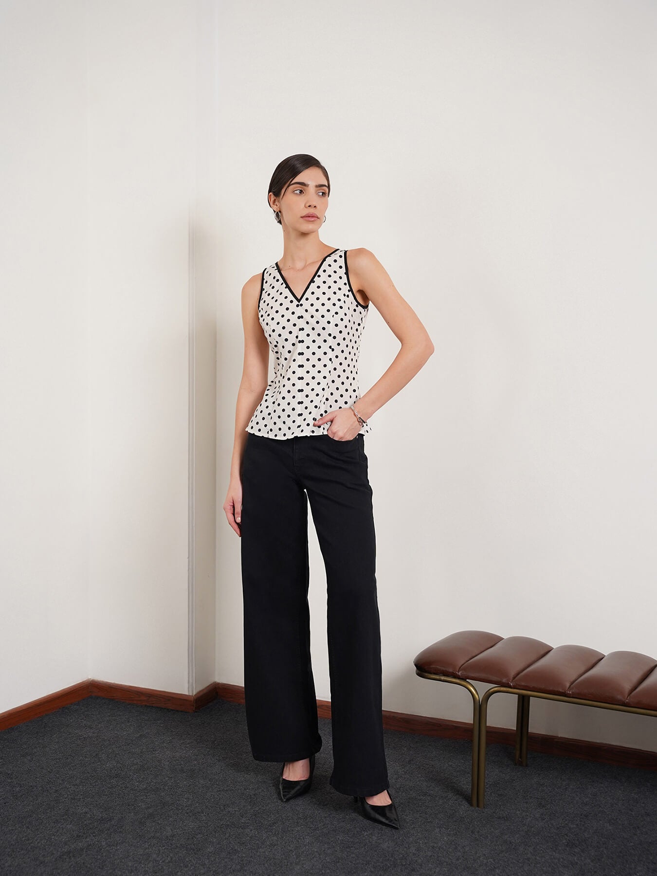 Cotton Polka Dot Peplum Top - Off White