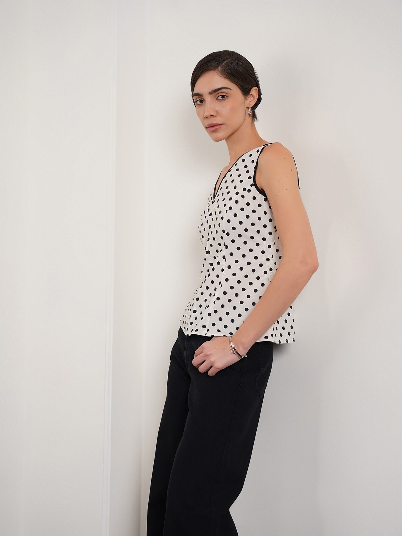 Cotton Polka Dot Peplum Top - Off White