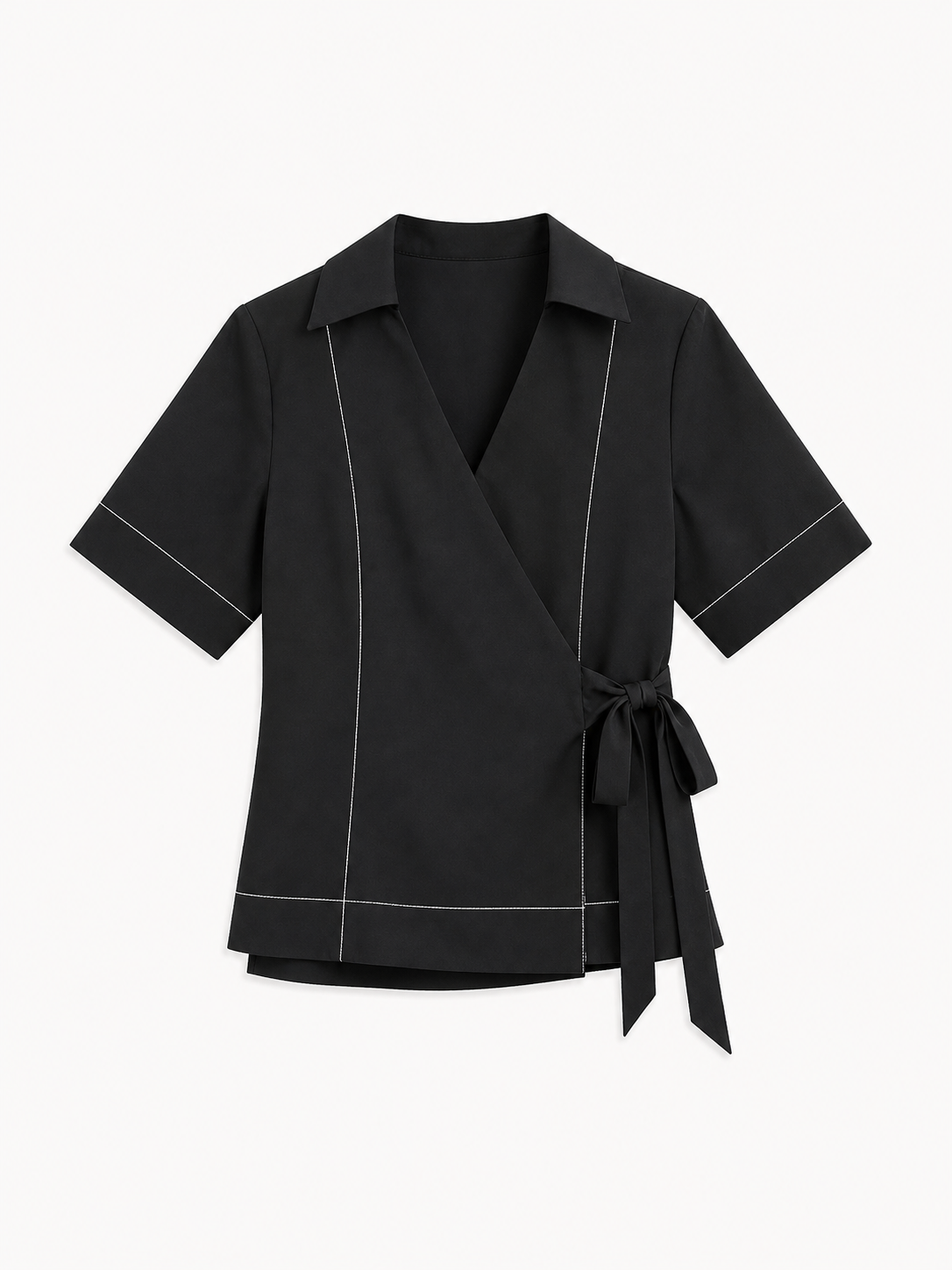 Stretch Cotton Wrap Top - Black
