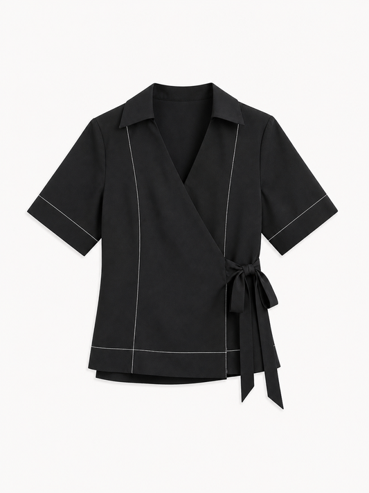 Stretch Cotton Wrap Top - Black