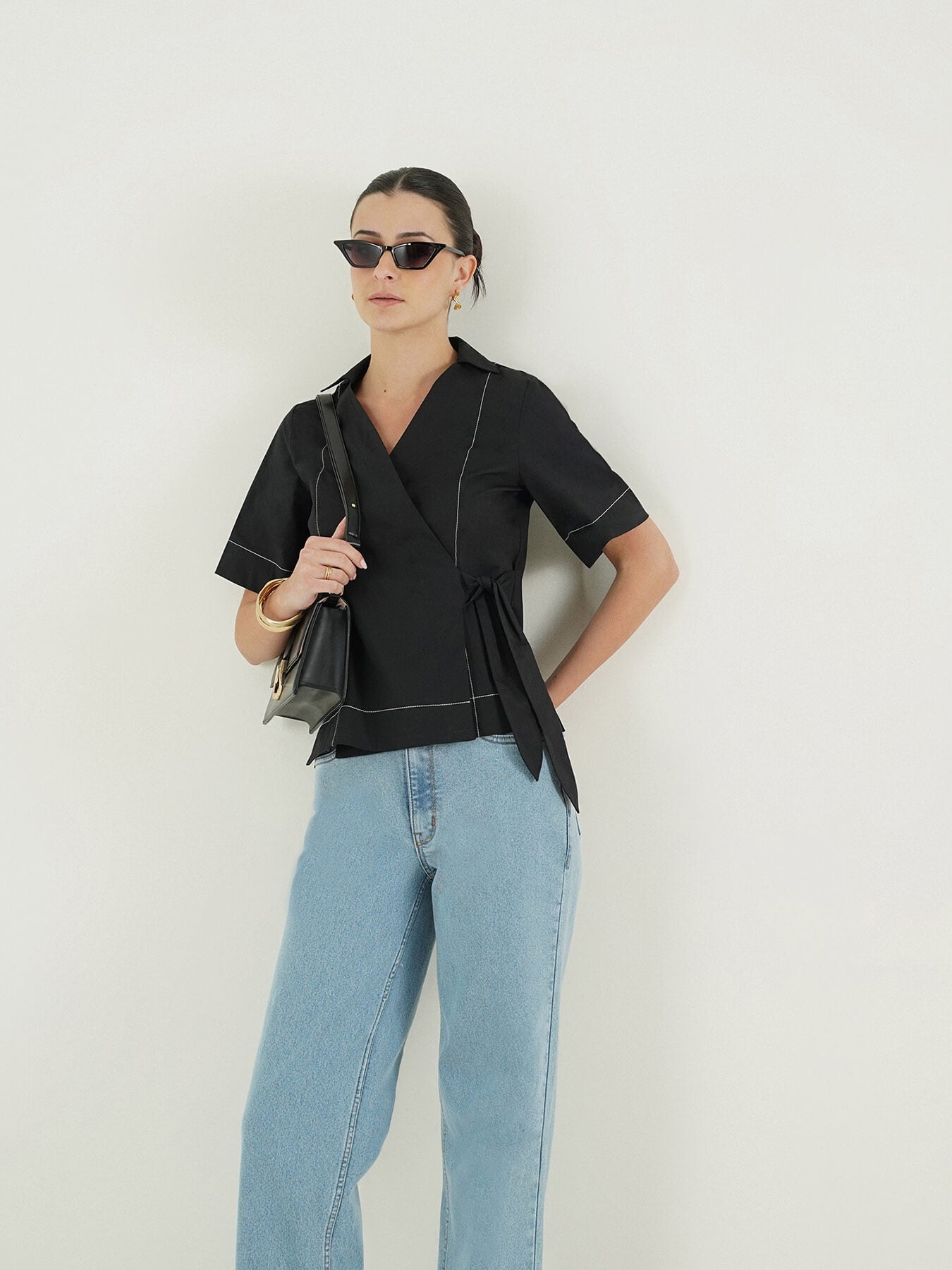 Stretch Cotton Wrap Top - Black