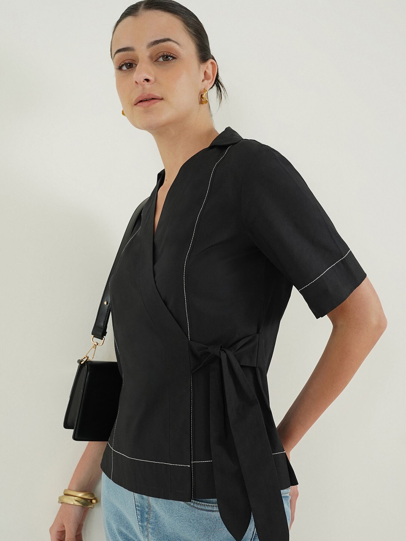 Stretch Cotton Wrap Top - Black
