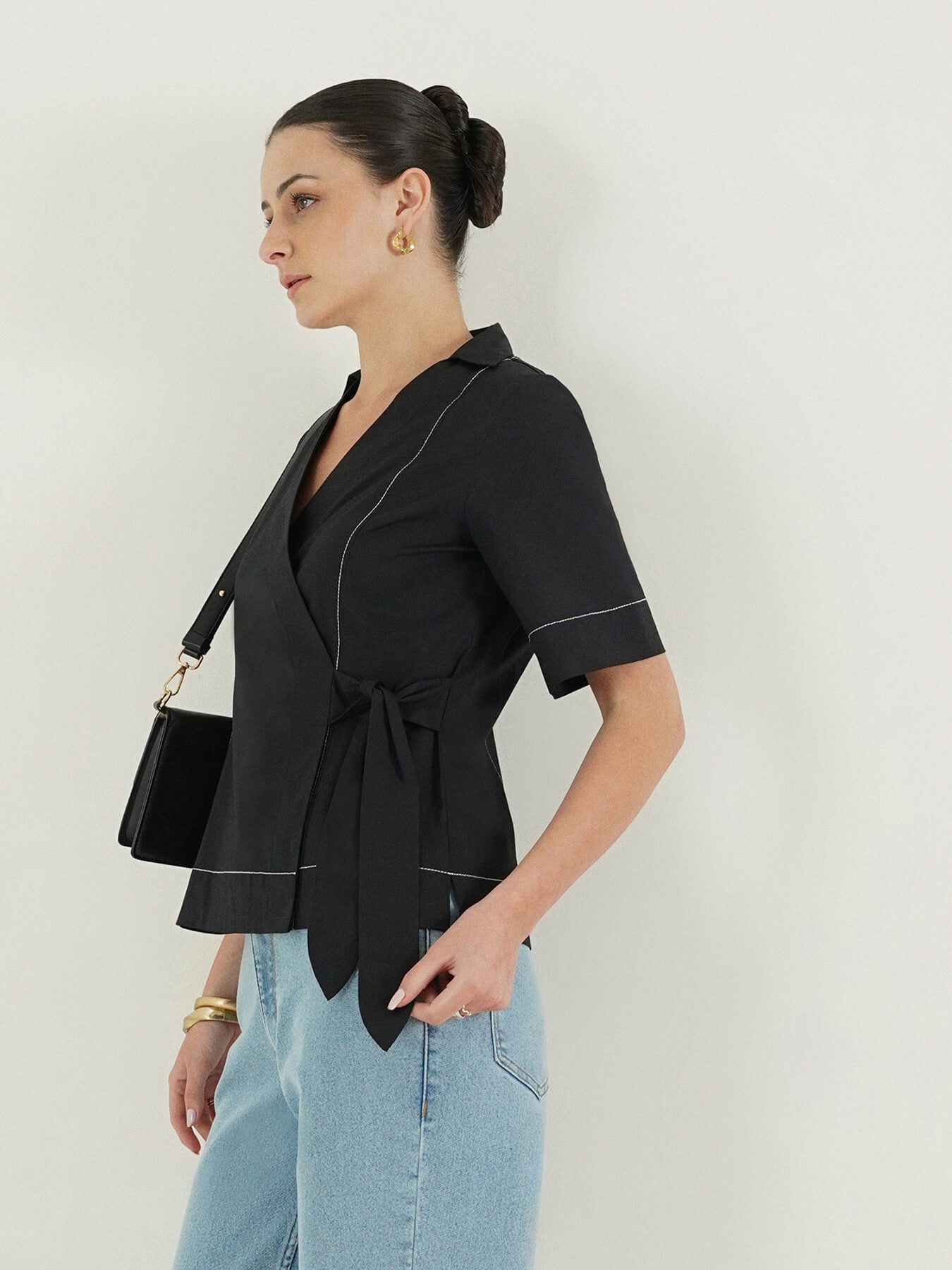 Stretch Cotton Wrap Top - Black