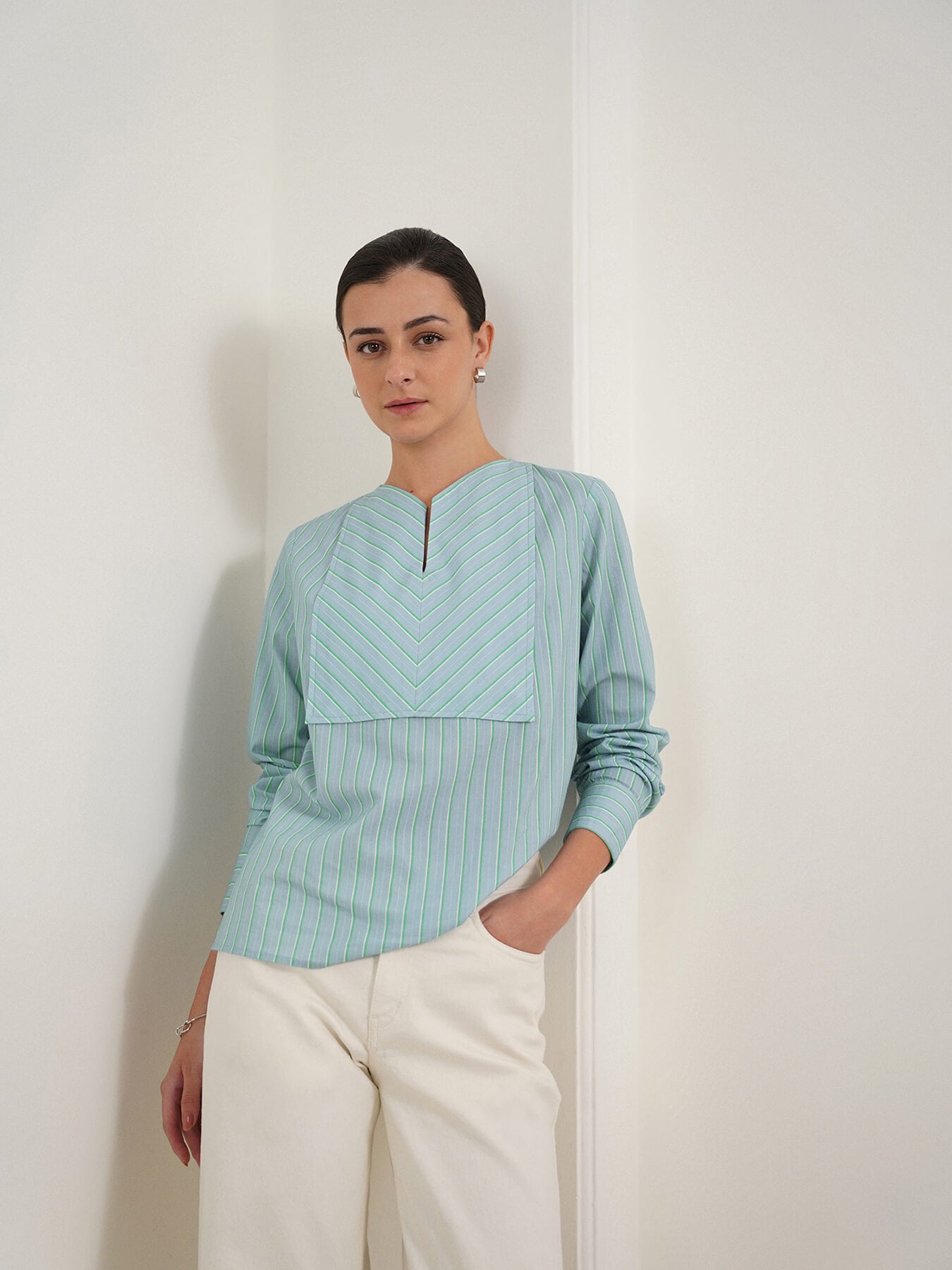 Cotton Striped V-Neck Top - Blue