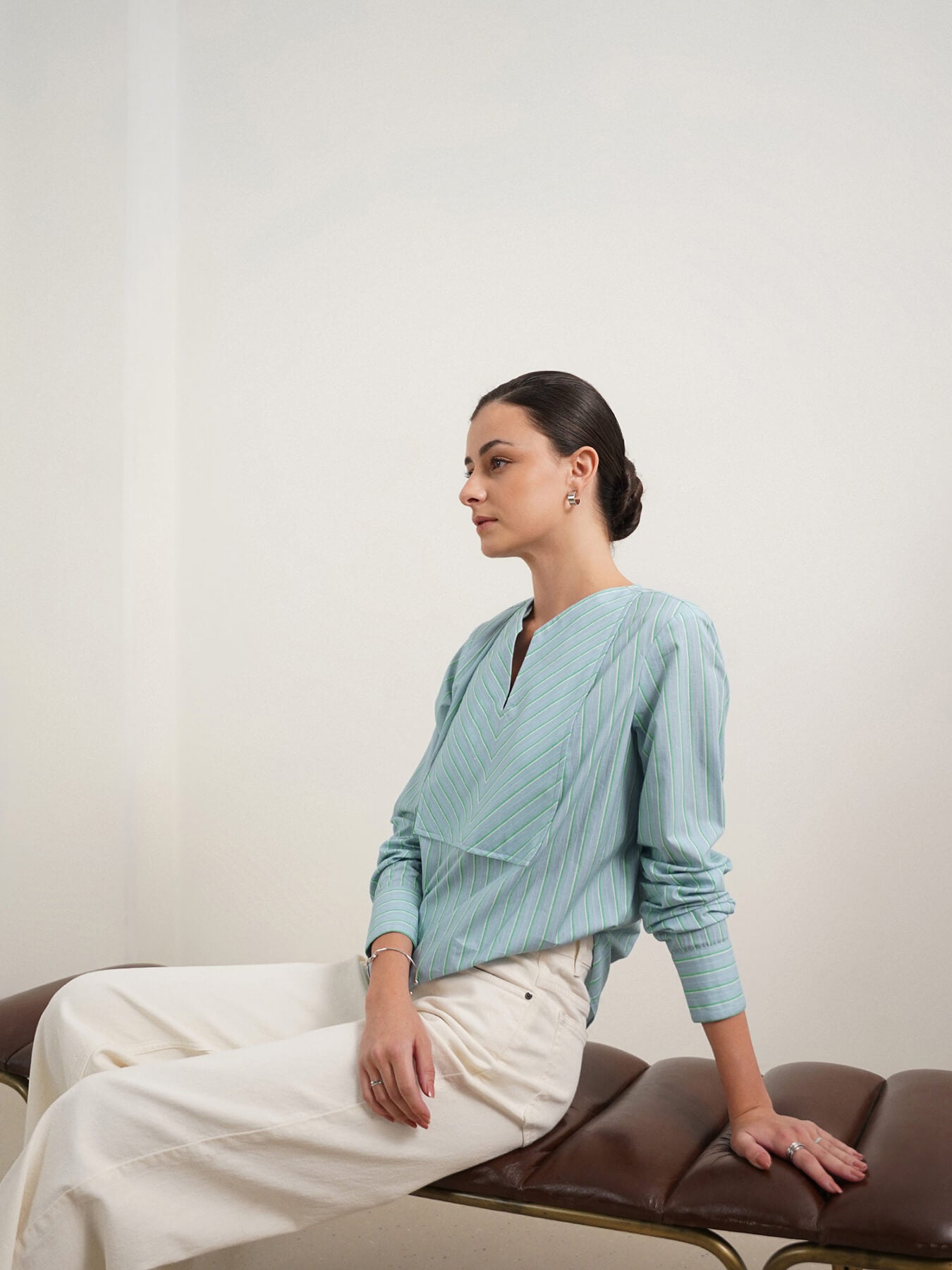 Cotton Striped V-Neck Top - Blue