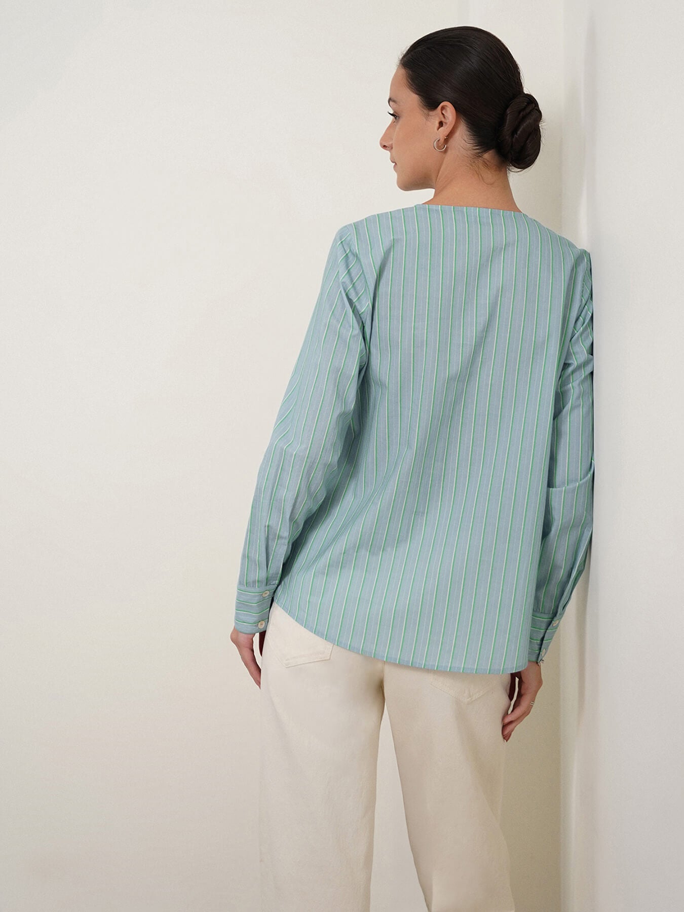 Cotton Striped V-Neck Top - Blue