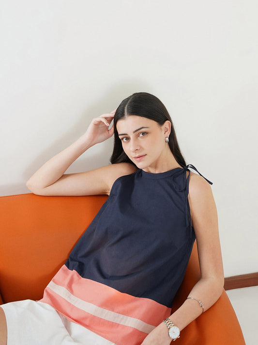 Cotton Halter Neck Top - Navy Blue