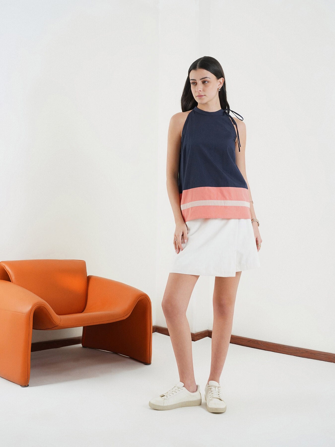 Cotton Halter Neck Top - Navy Blue