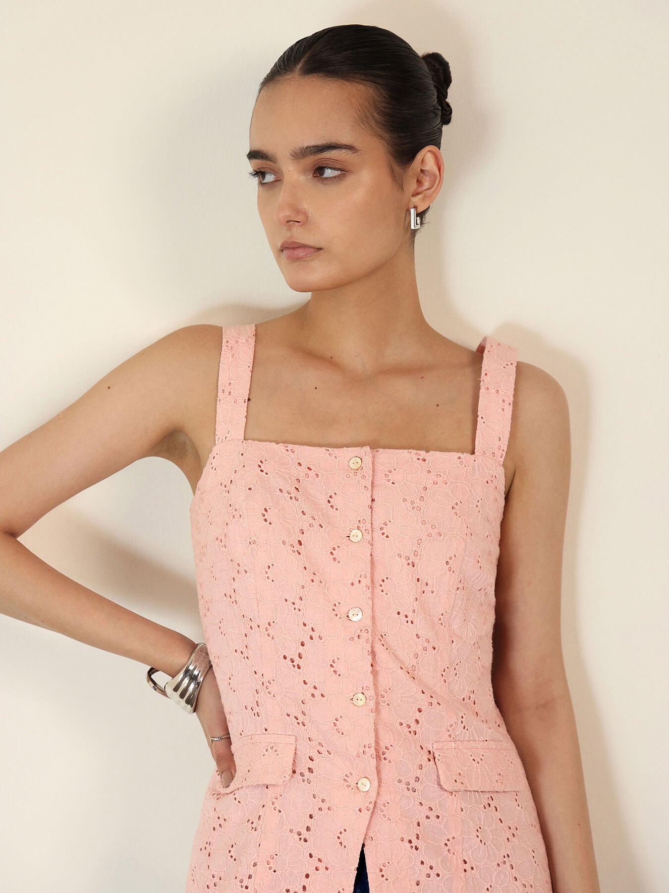 Cotton Button Down Schiffli Top - Pink