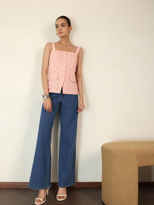 Cotton Button Down Schiffli Top - Pink