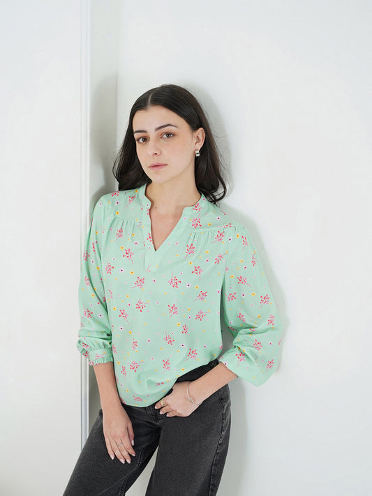 Floral V-Neck Top - Blue